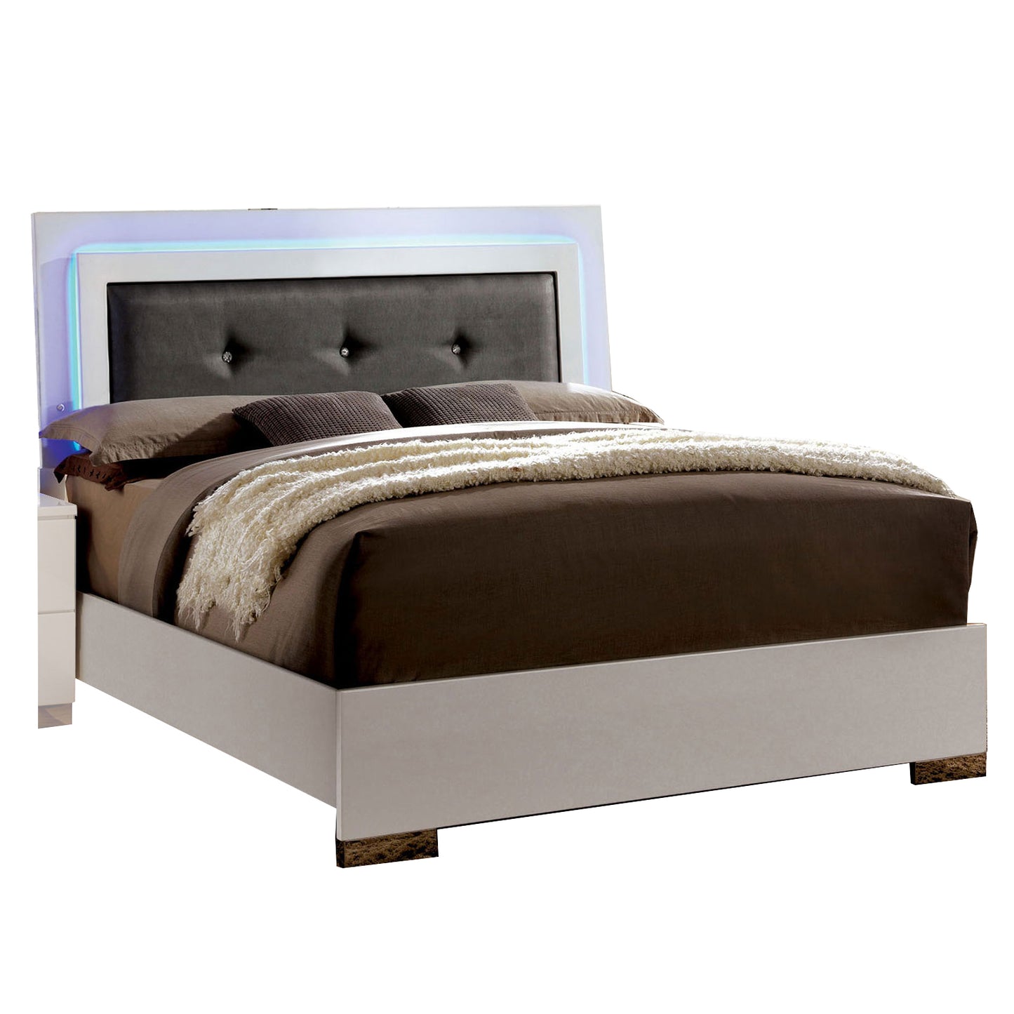 Contemporary Full Bed with LED Trim and Lacquer Coating, White and Gray — Chic Home-Decor