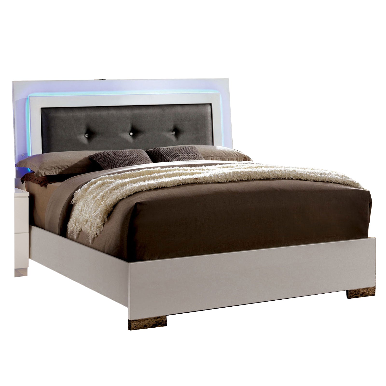 Contemporary Full Bed with LED Trim and Lacquer Coating, White and Gray — Chic Home-Decor