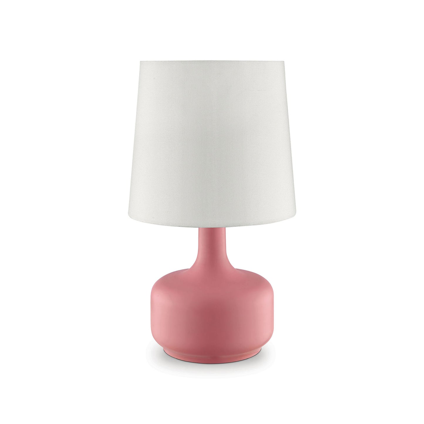 Benzara contemporary pink pot-belly base table lamp with white fabric shade.