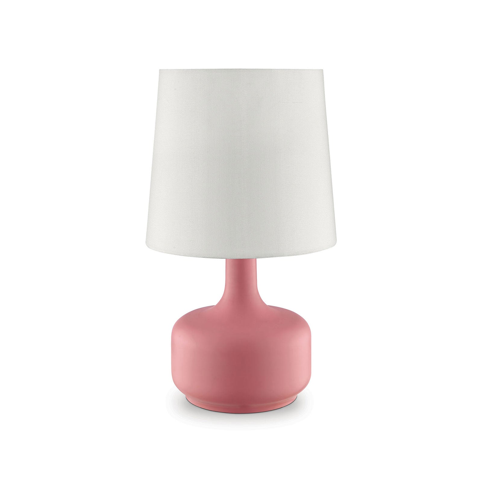 Benzara contemporary pink pot-belly base table lamp with white fabric shade.