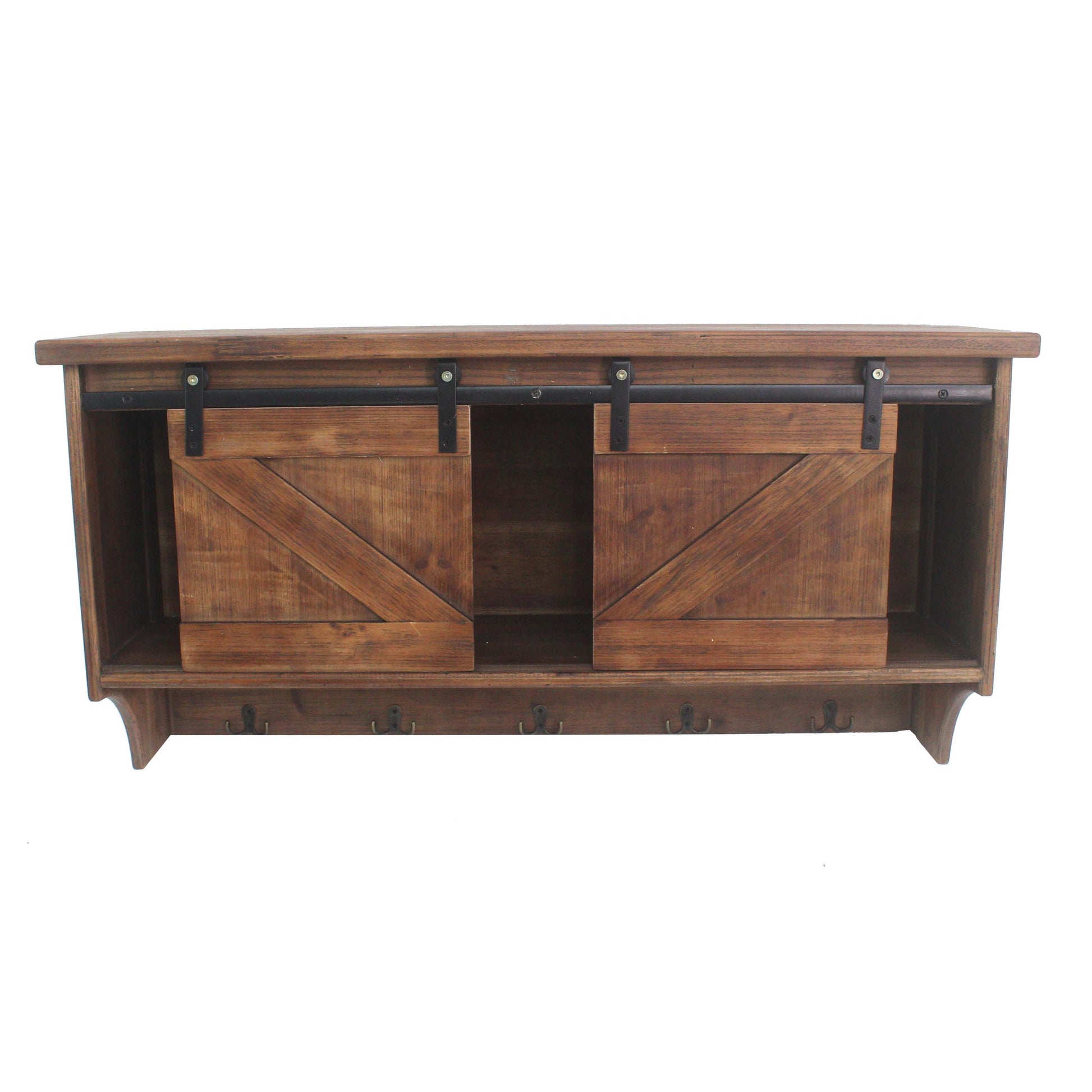 Wooden Wall Storage with 2 Sliding Doors and 5 Metal Hooks, Brown — Chic Home-Decor