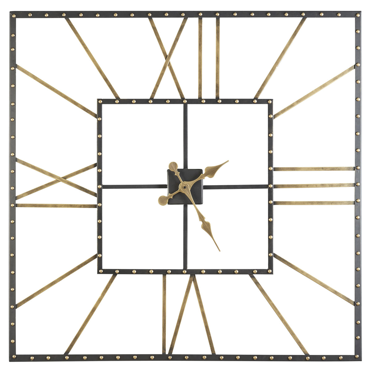 Square open-frame metal wall clock by Benzara, black and gold with Roman numerals