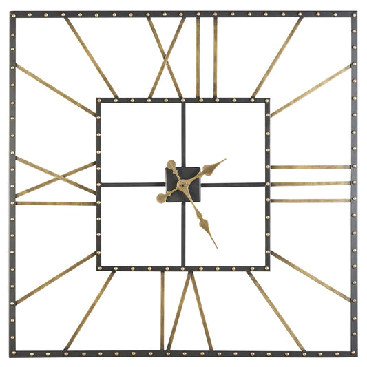 Square open-frame metal wall clock by Benzara, black and gold with Roman numerals