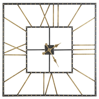 Square Open Frame Metal Wall Clock with Roman Numerals, Black and Gold