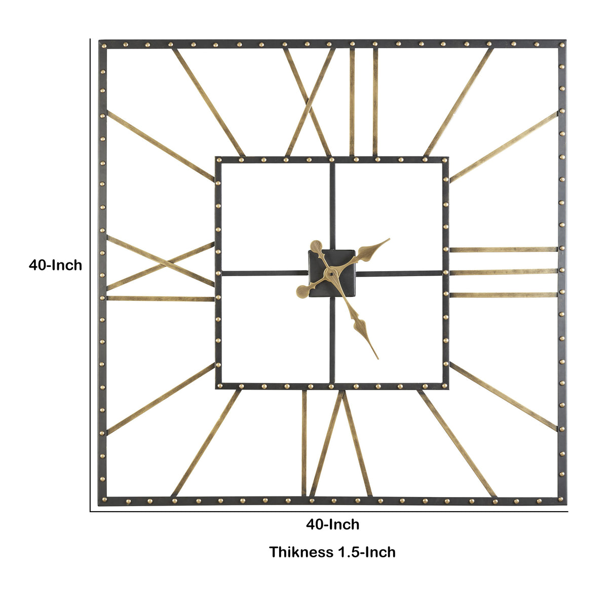 Square Open Frame Metal Wall Clock with Roman Numerals, Black and Gold