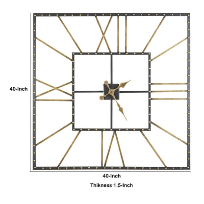 Square Open Frame Metal Wall Clock with Roman Numerals, Black and Gold