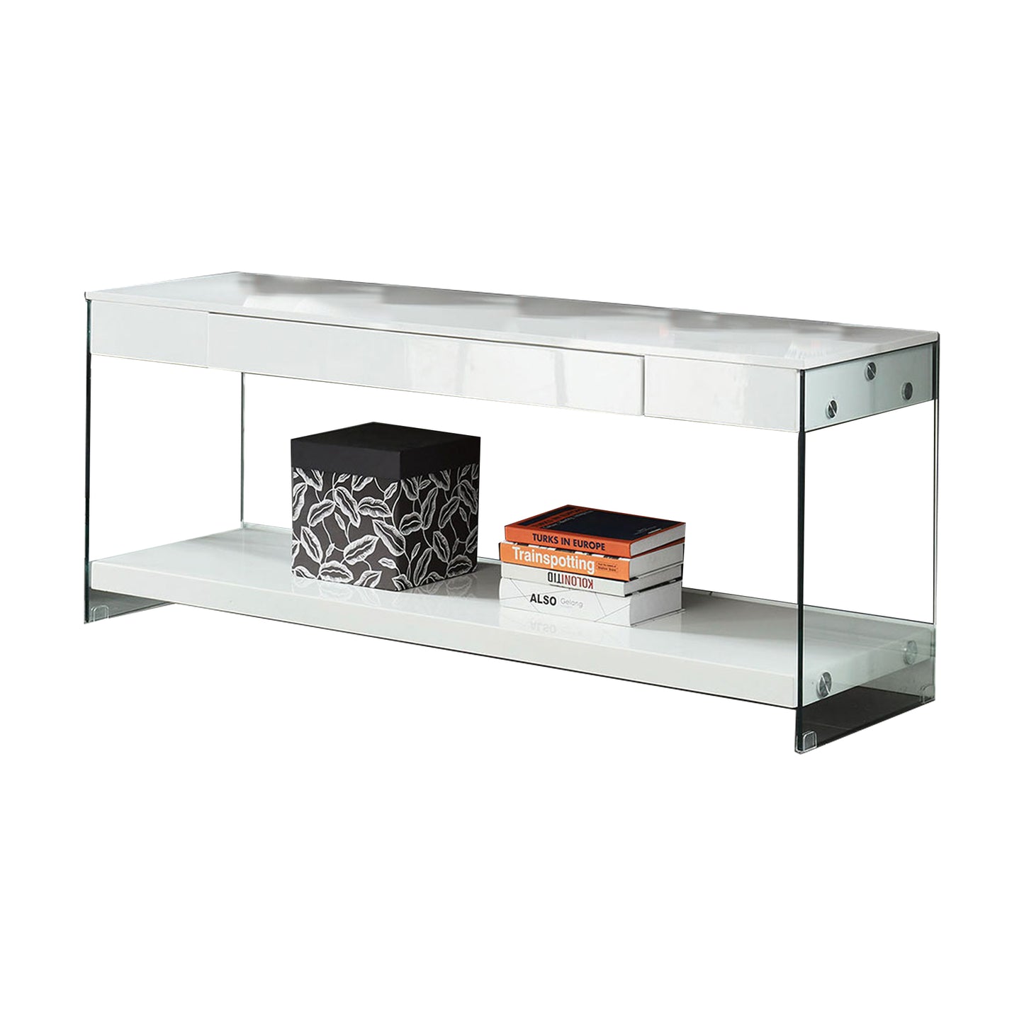 Wood and Glass TV Stand with Two Drawers, White — Chic Home-Decor