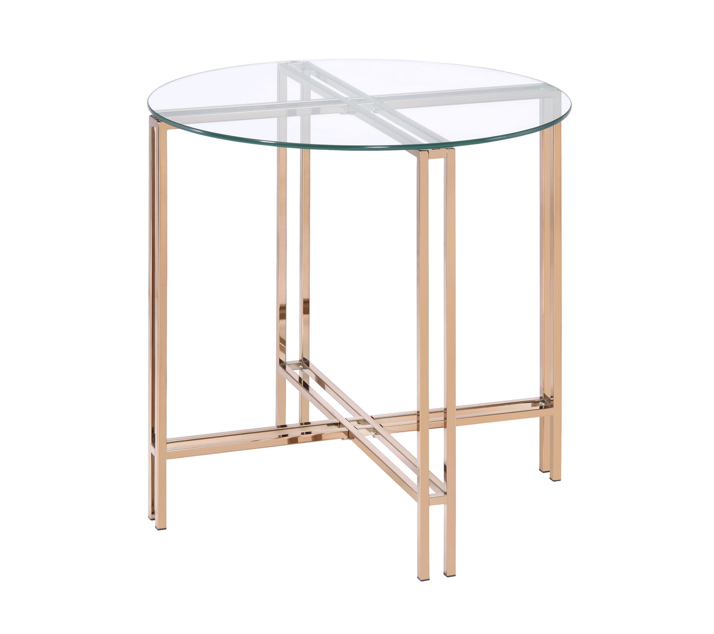 End Table with X-shaped gold metal base and round glass top, Benzara