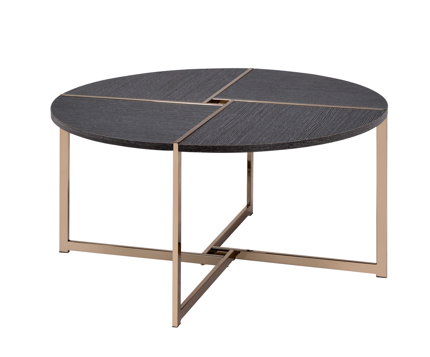 Round gray wood top coffee table with gold X-shaped metal base