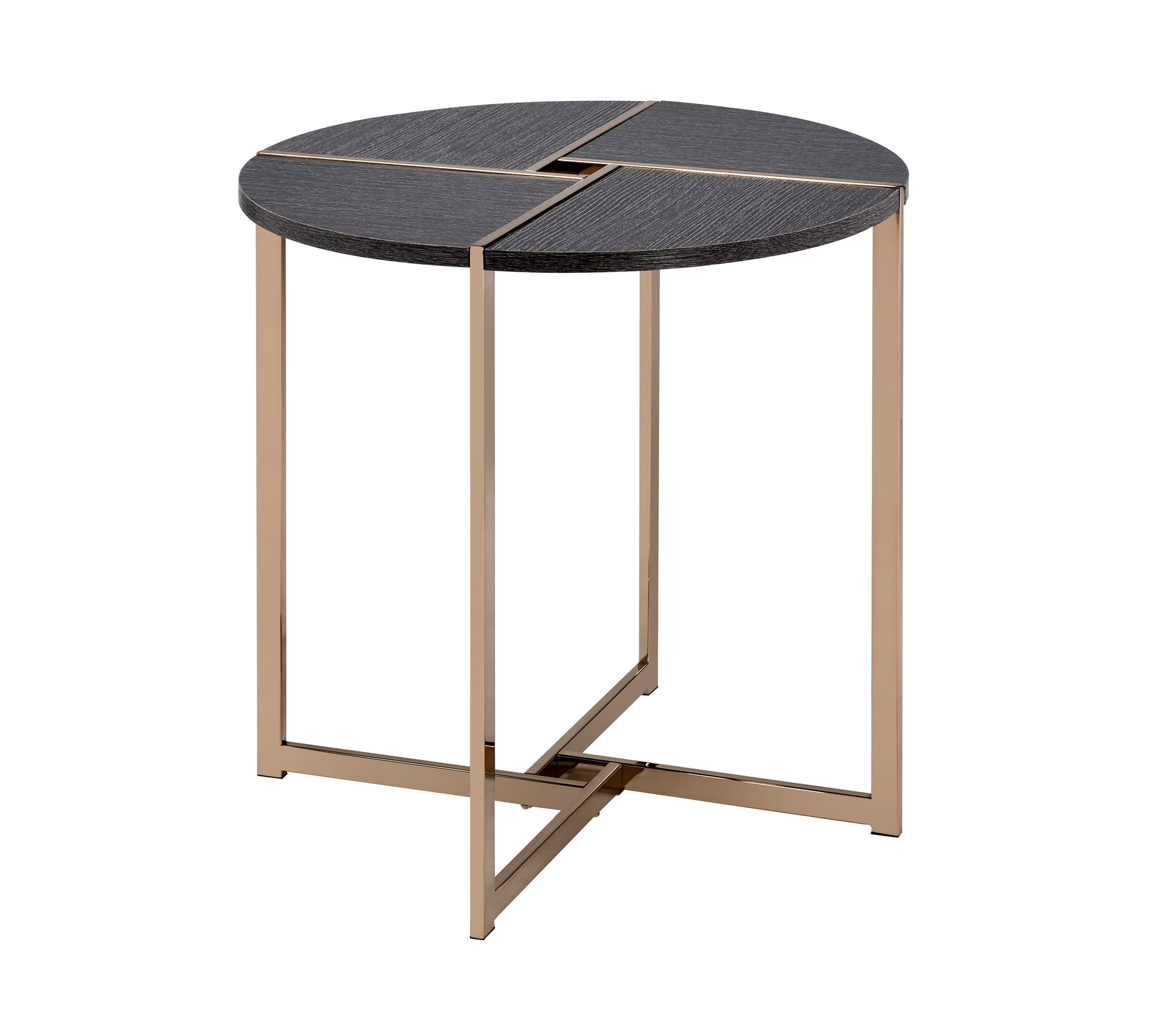 End table with X-shaped gold metal base and round gray wood top