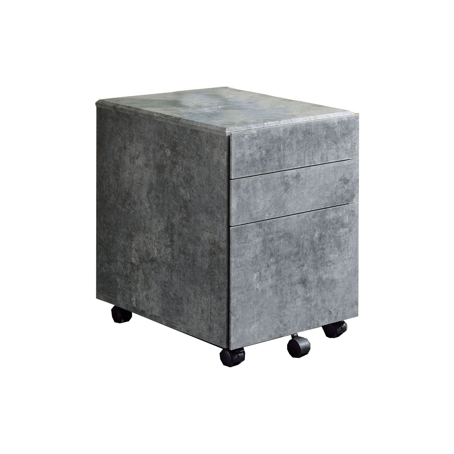 File cabinet in gray concrete finish with 3 drawers on casters