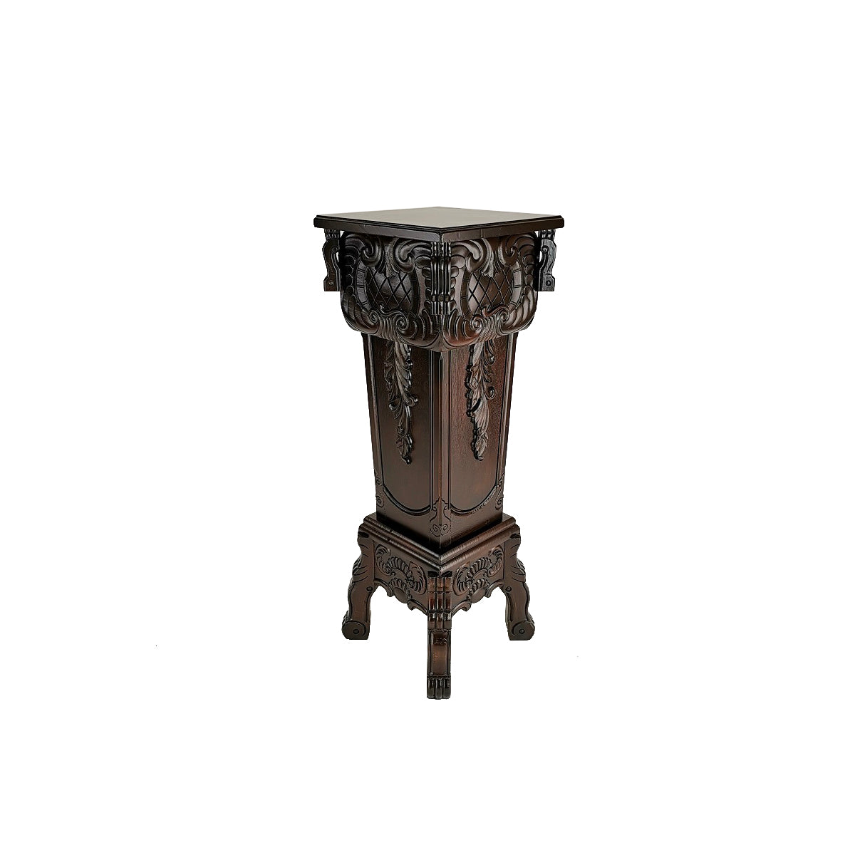 Wooden pedestal stand with ornate engravings and carved feet in dark brown by Benzara
