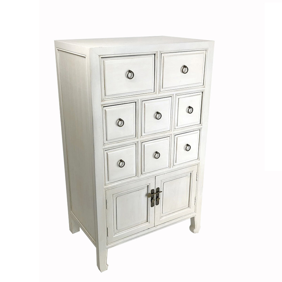 Wooden white chest with 8 drawers and 2 cabinet doors, metal ring pulls