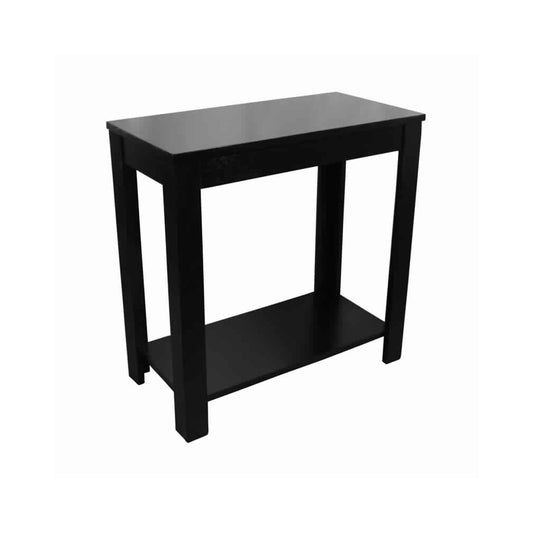 Wooden chairside table in black with bottom shelf and block legs, Benzara