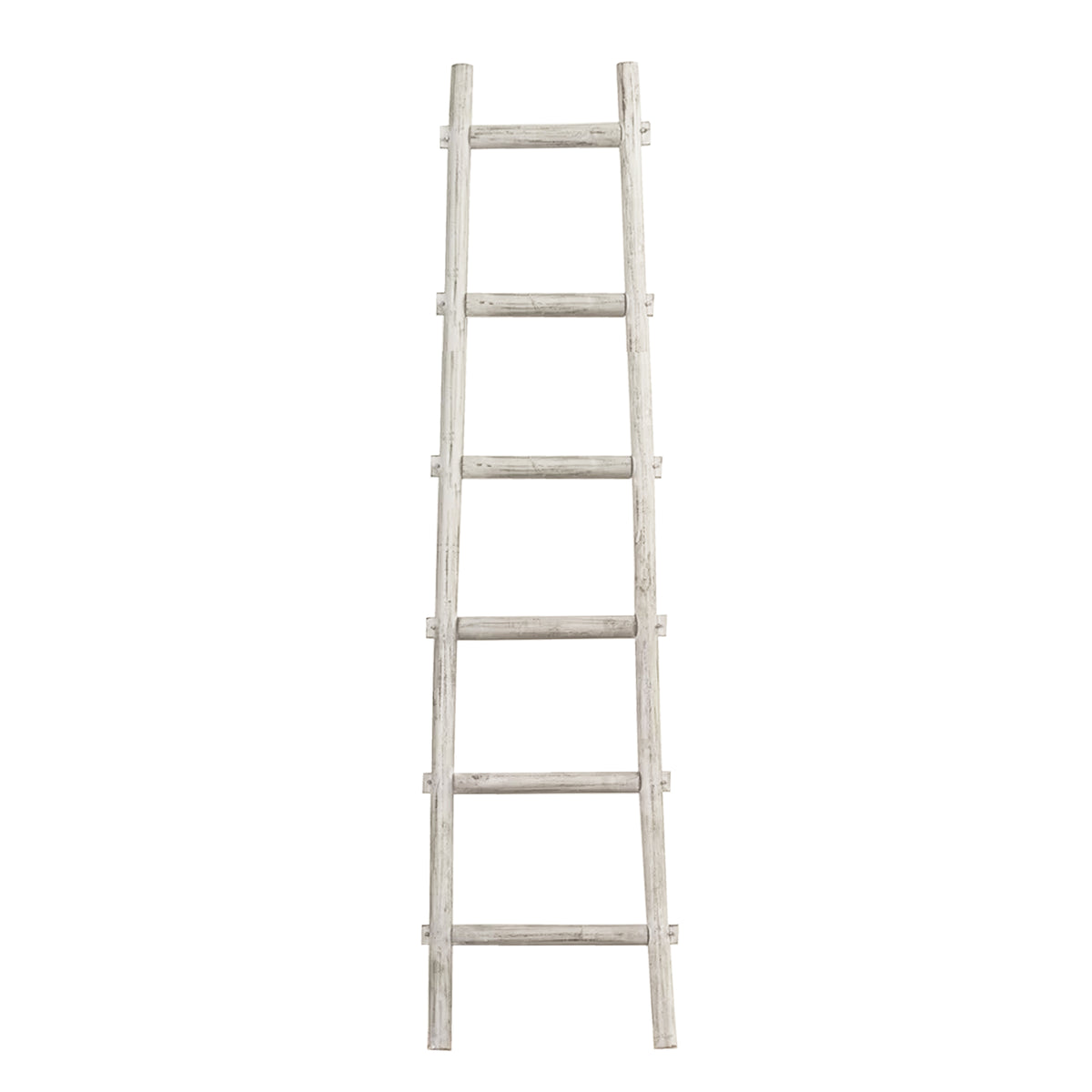Ladder decor: white distressed wooden ladder with 6 steps, transitional style.