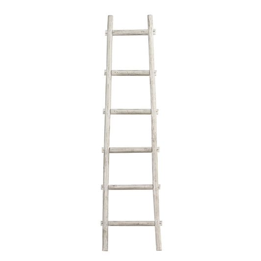 Ladder decor: white distressed wooden ladder with 6 steps, transitional style.