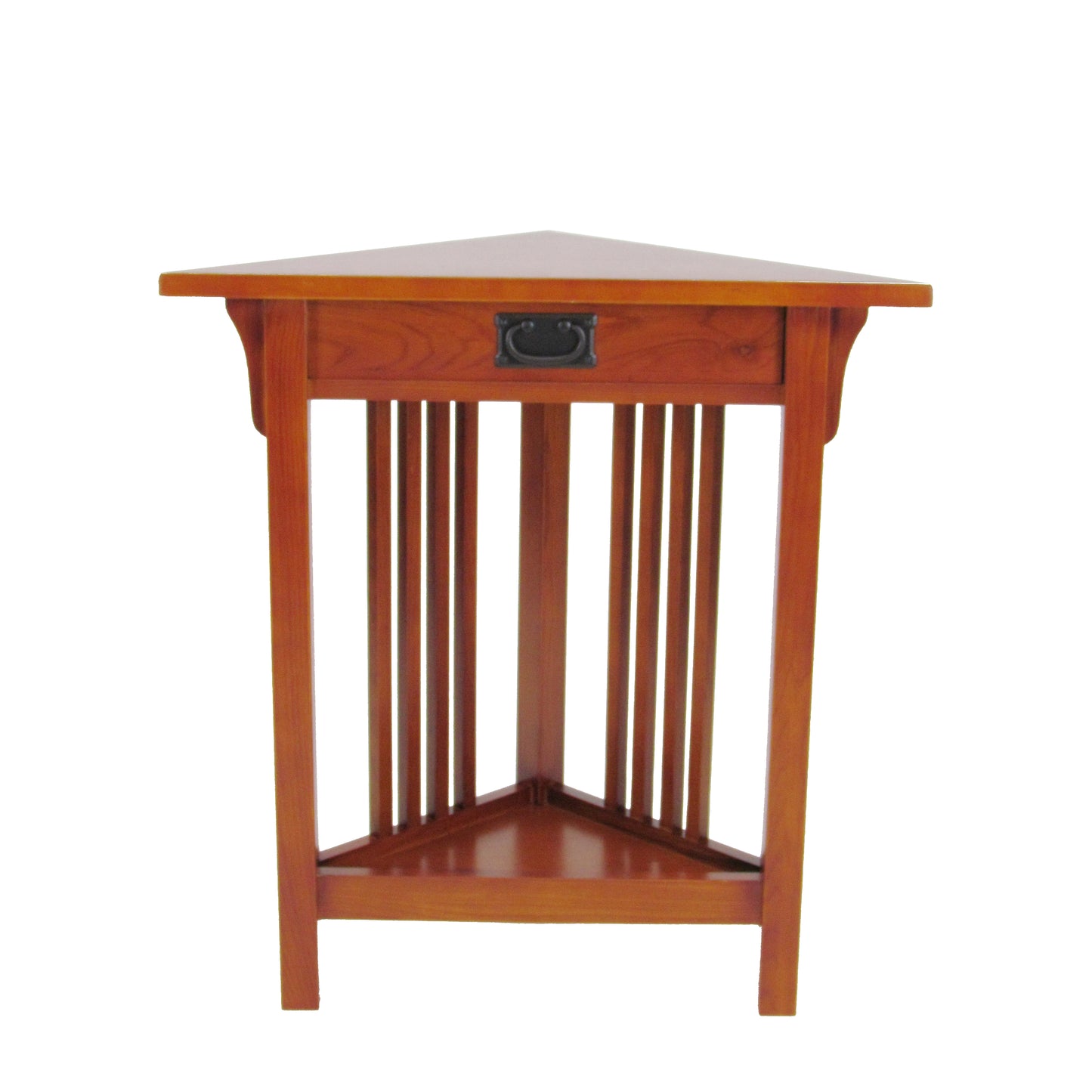 Mission style wooden corner table with 1 drawer and bottom shelf, brown finish, Benzara