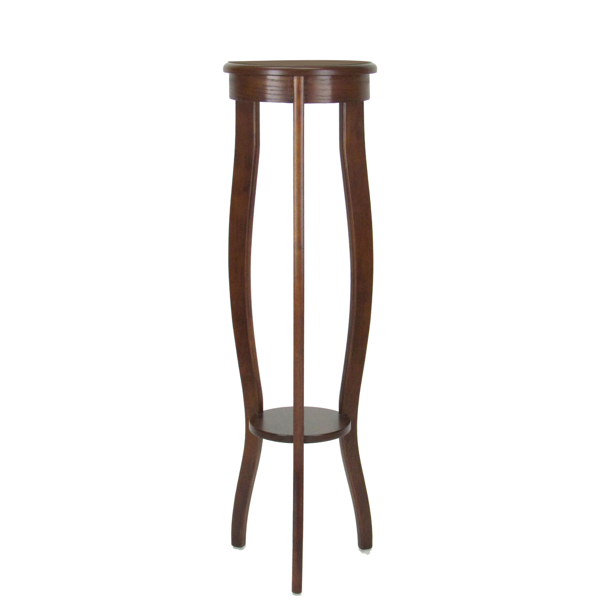 Round pedestal stand in brown wood with open bottom shelf and flared legs