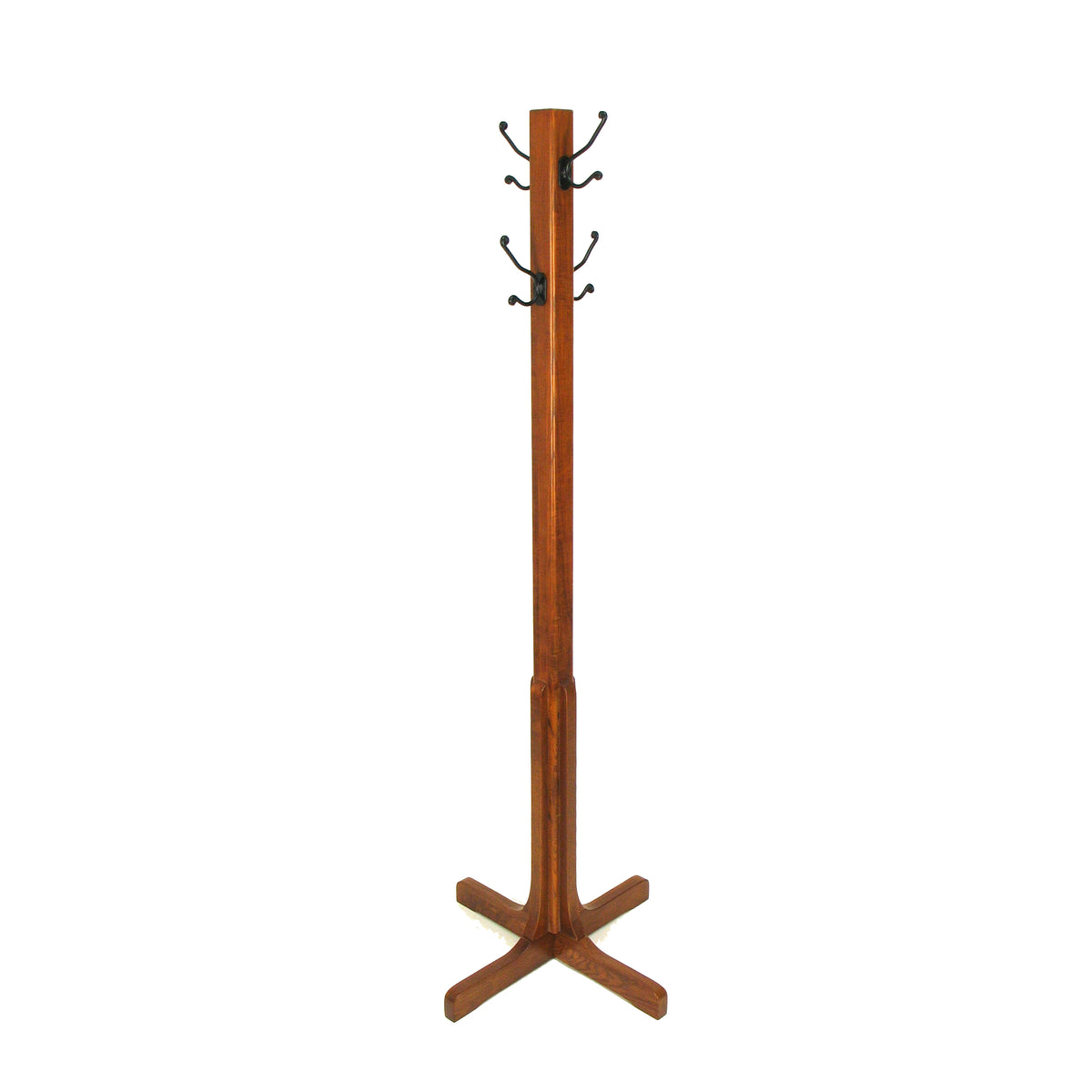 Benzara wooden coat stand with X-frame base, oak brown finish and metal hooks
