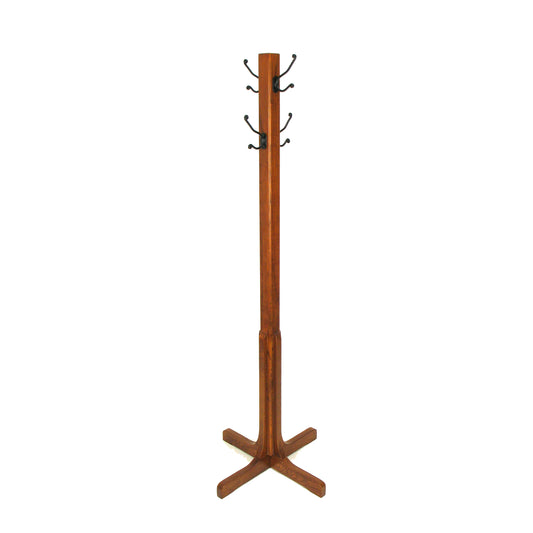 Benzara wooden coat stand with X-frame base, oak brown finish and metal hooks
