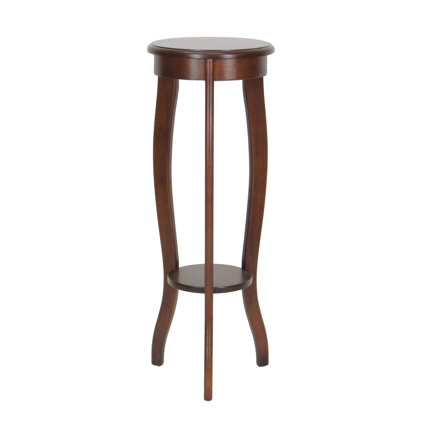 Round pedestal stand in brown wood with open bottom shelf and flared legs, 31.5 inches tall