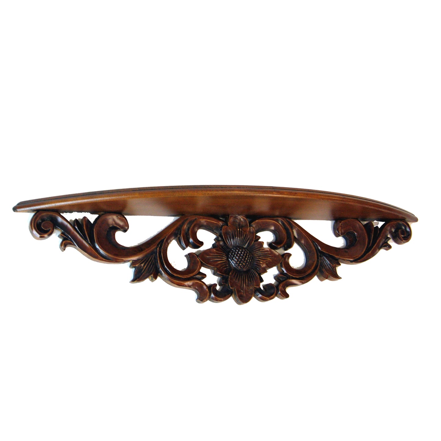 Hand-carved wooden Moonbay wall shelf with brown finish and ornate floral relief carvings.