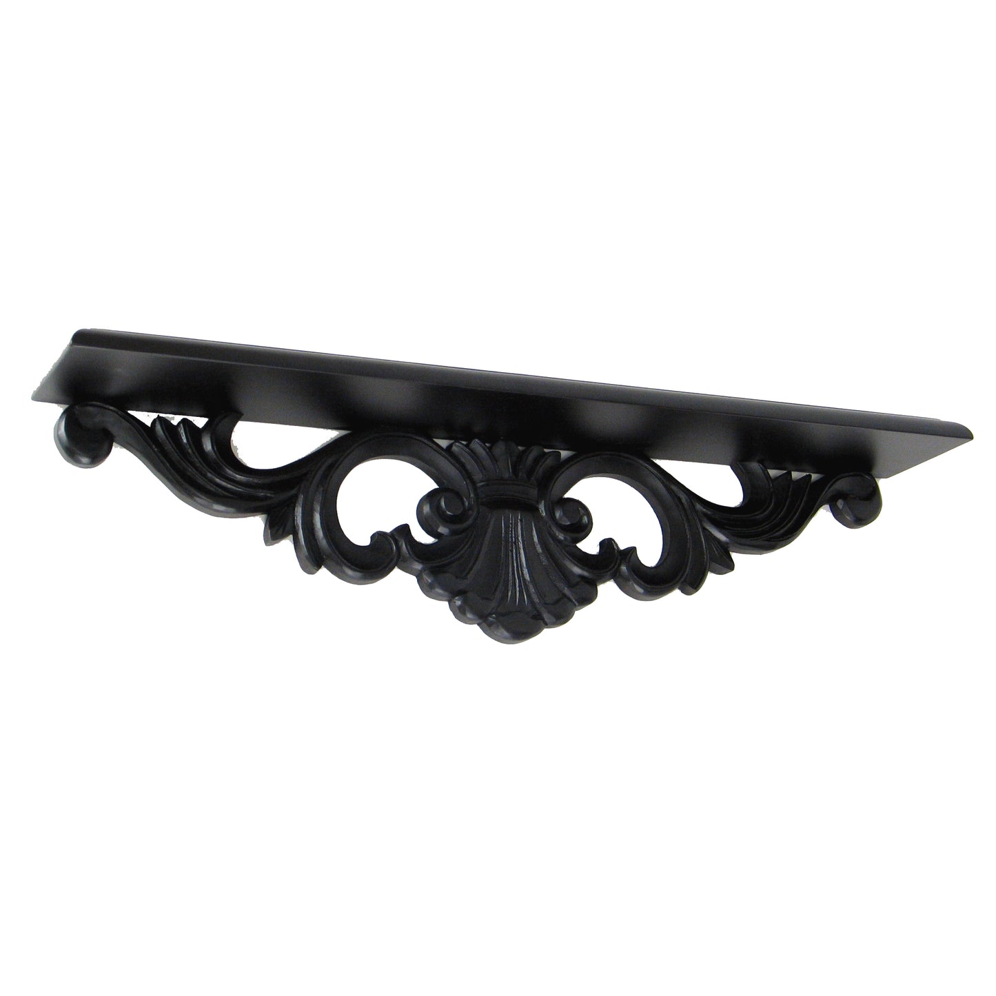 Black metal wall shelf bracket with ornate floral scrollwork by Benzara