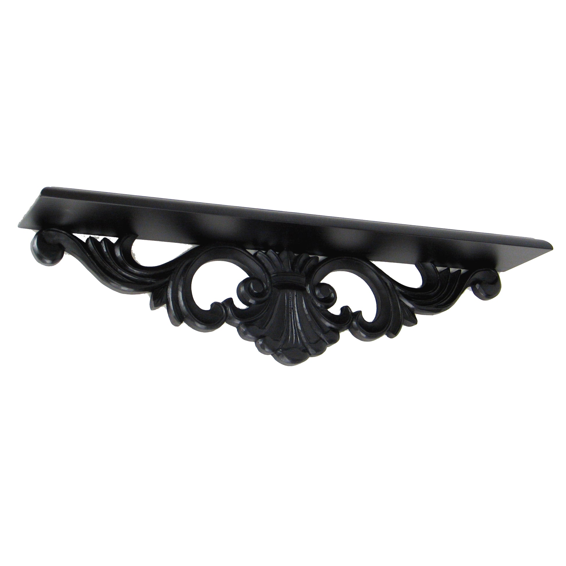 Black metal wall shelf bracket with ornate floral scrollwork by Benzara