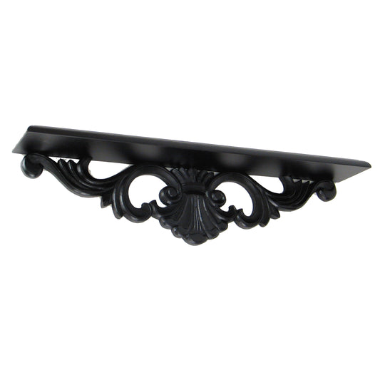 Black metal wall shelf bracket with ornate floral scrollwork by Benzara