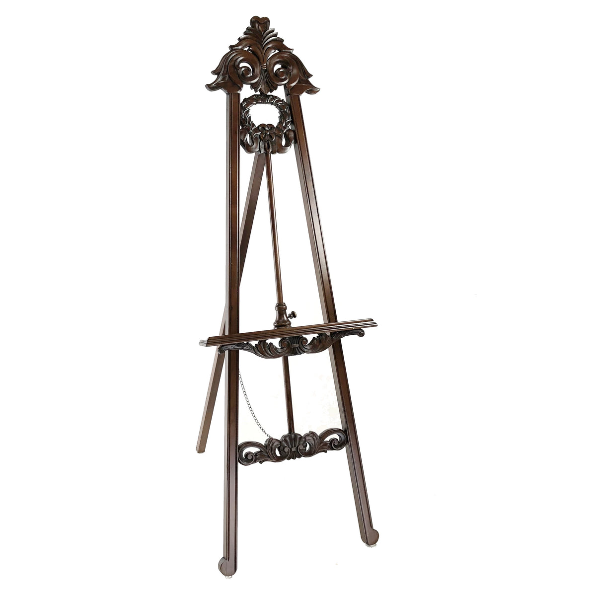 Traditional style wooden easel with ornate carved top and angular legs, brown finish.