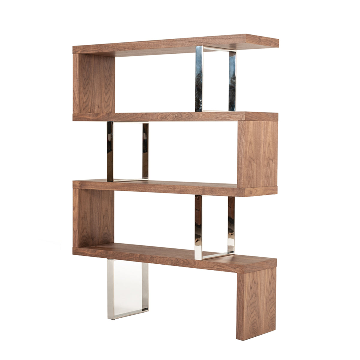 Zig Zag wooden frame shelf unit with metal braces, brown and silver by Benzara