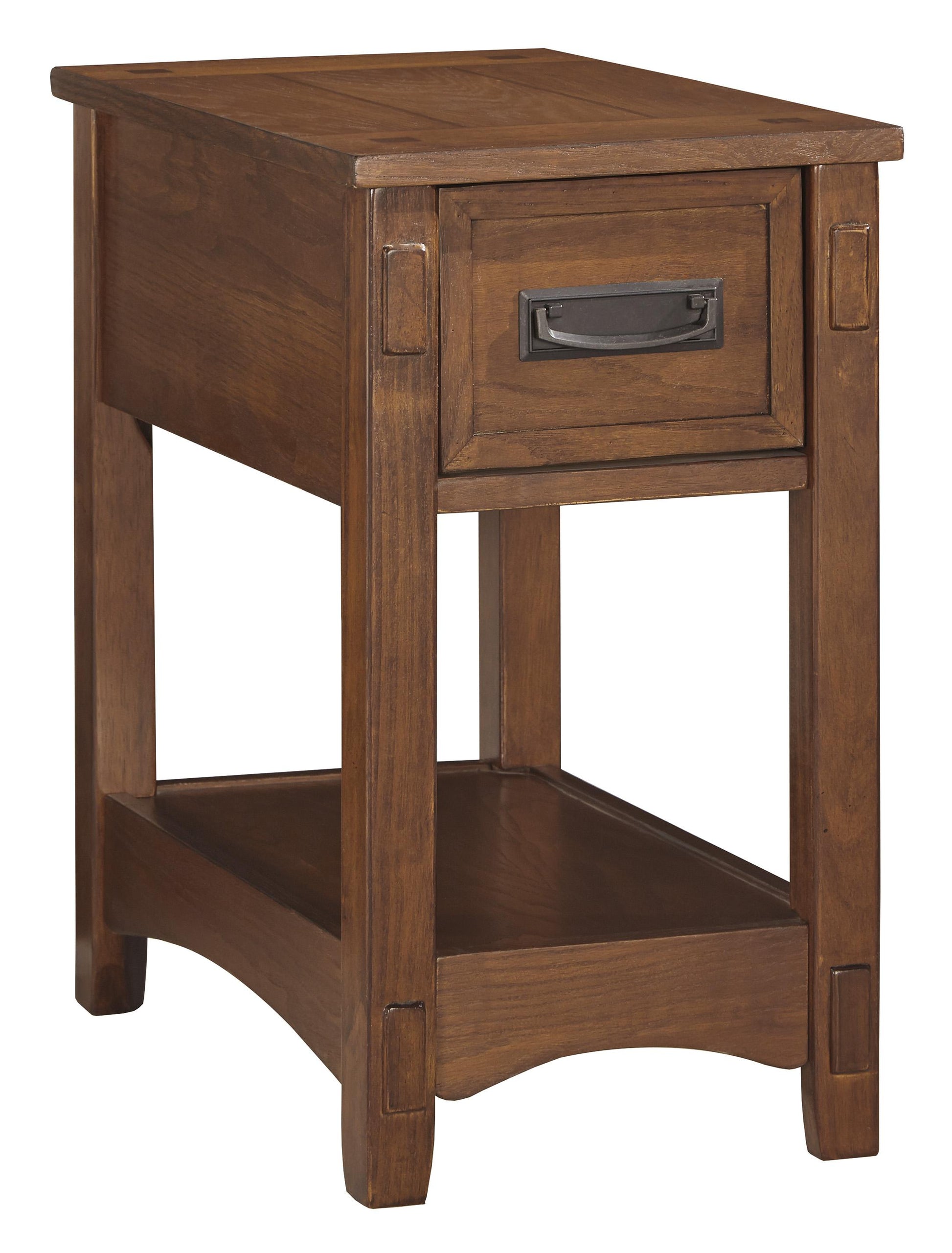 Brown wood chair-side end table with one drawer and open bottom shelf.
