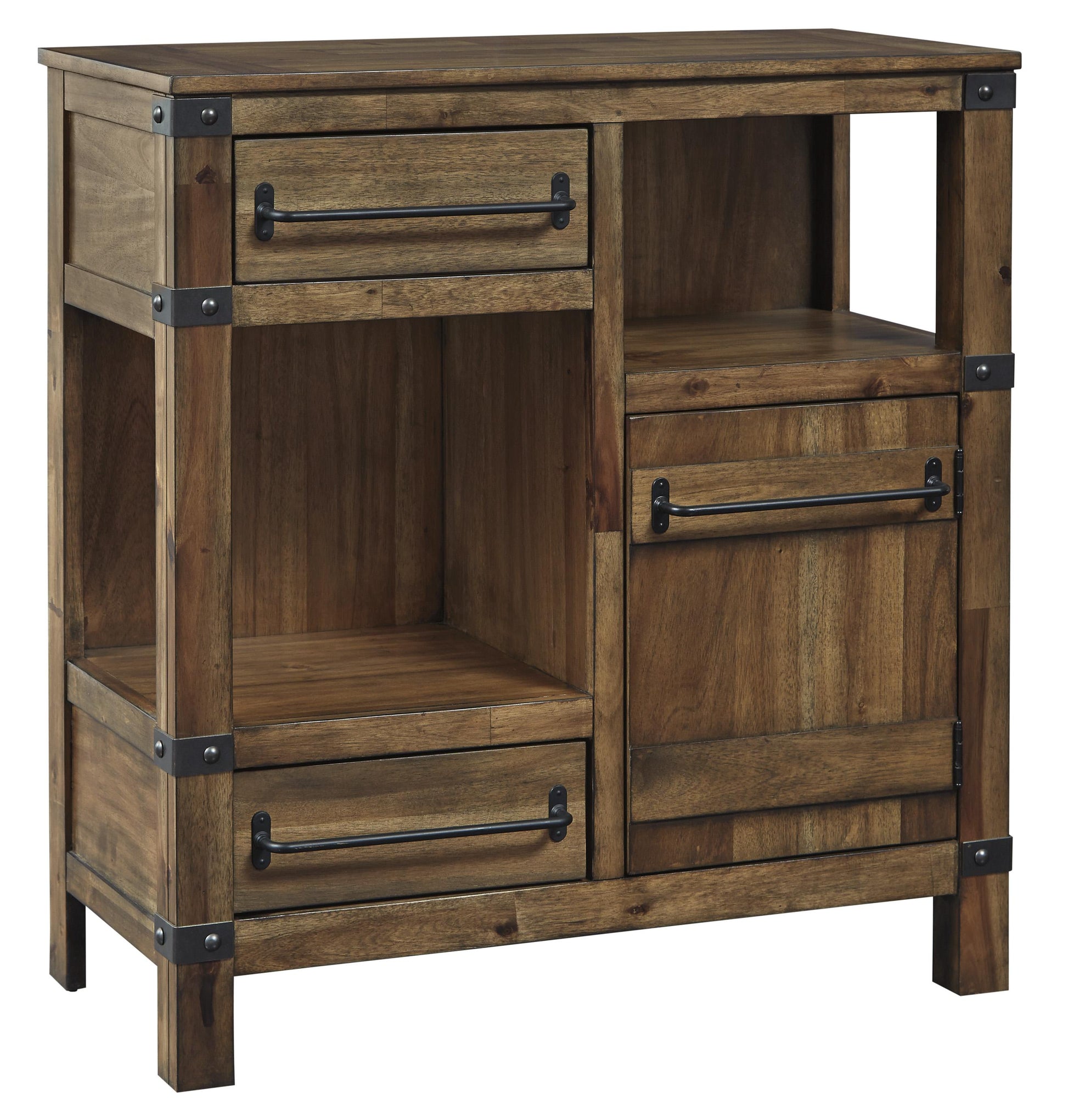 2-drawer 1-door brown wood accent cabinet with 2 open compartments and black metal hardware