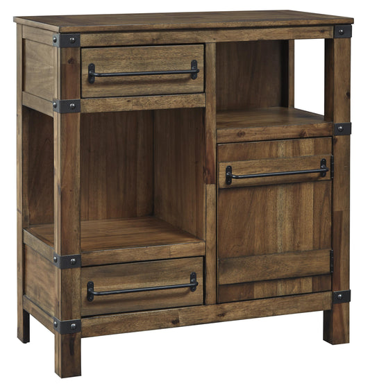 2-drawer 1-door brown wood accent cabinet with 2 open compartments and black metal hardware