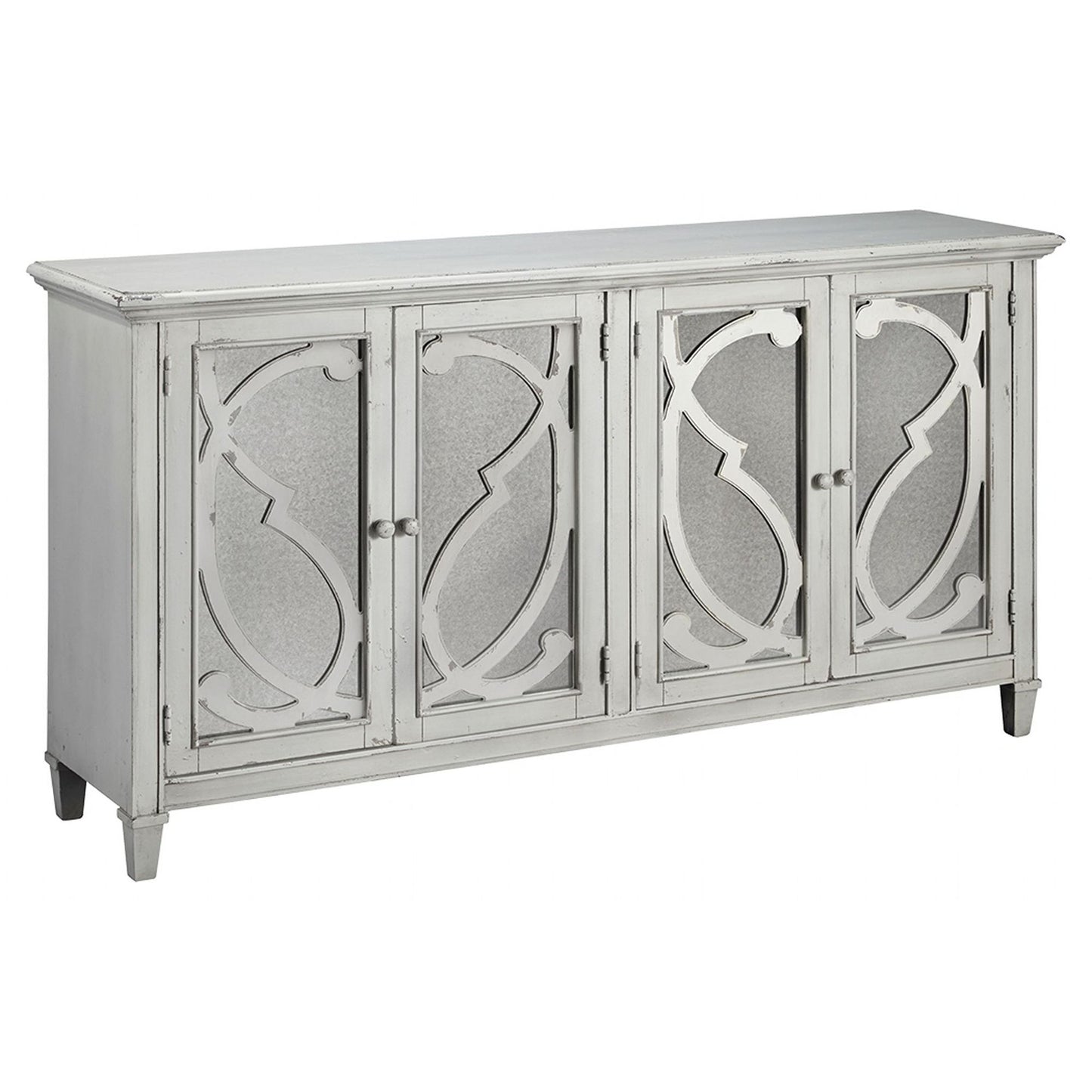 4-panel door cabinet in antique white with decorative mirrored panel doors