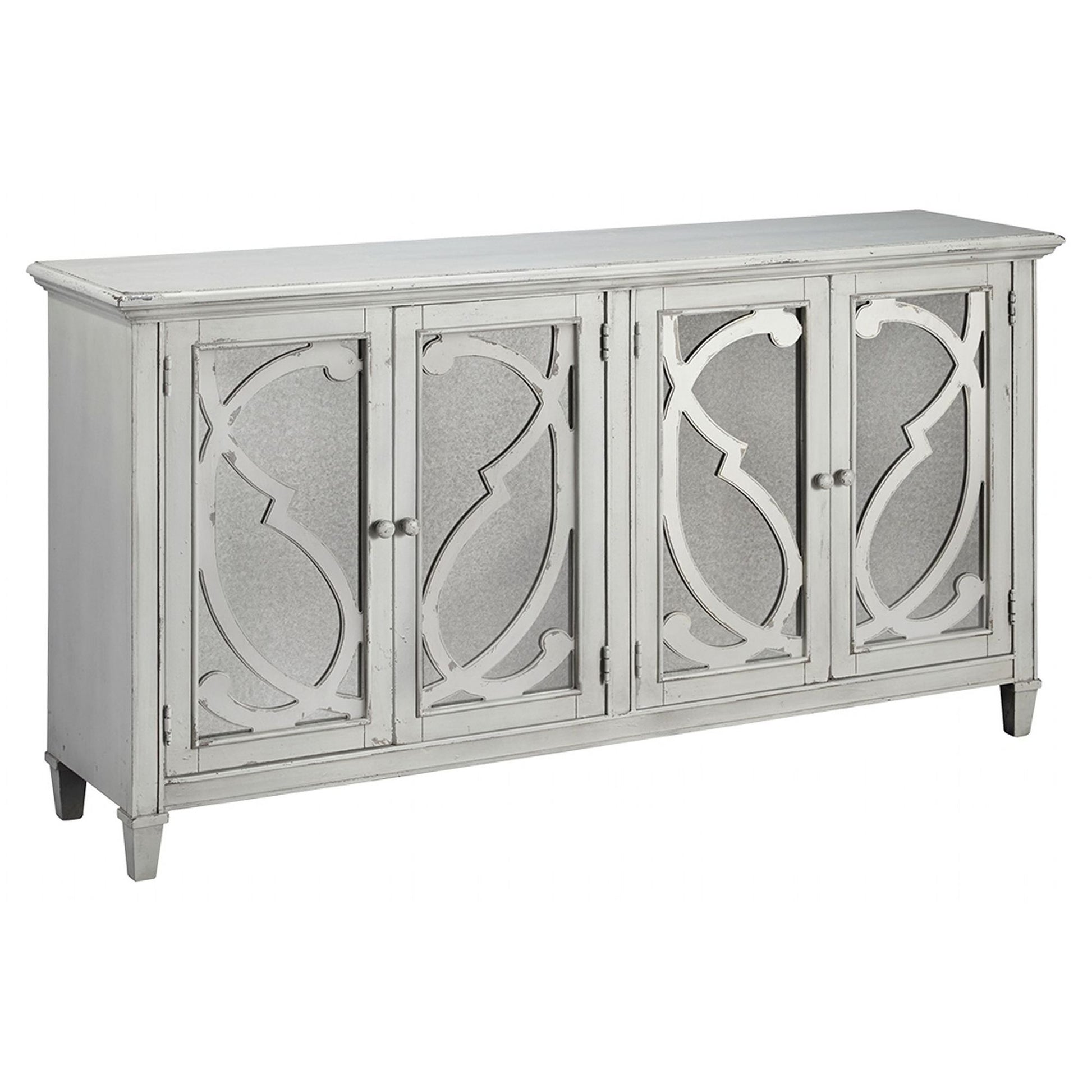 4-panel door cabinet in antique white with decorative mirrored panel doors