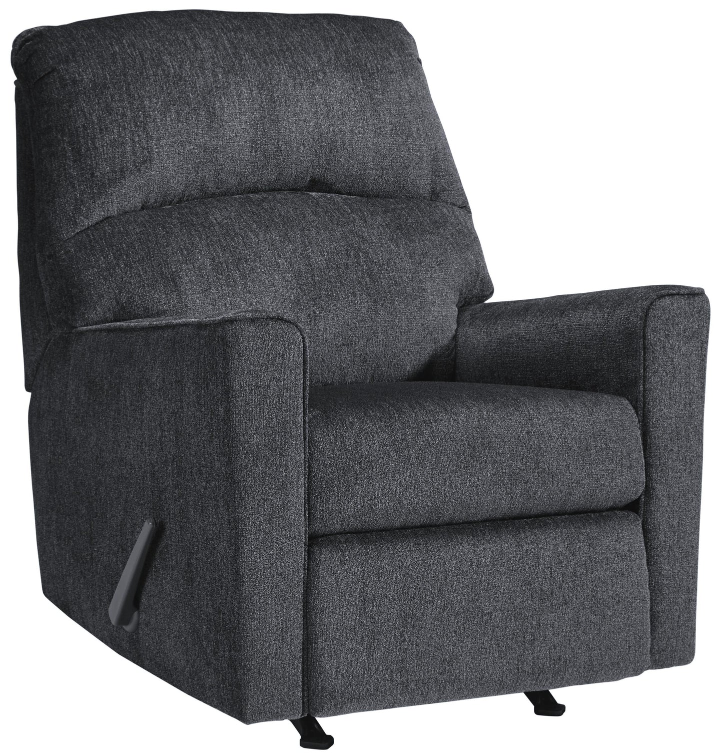 Benzara fabric upholstered rocker recliner with tufted back in charcoal gray.