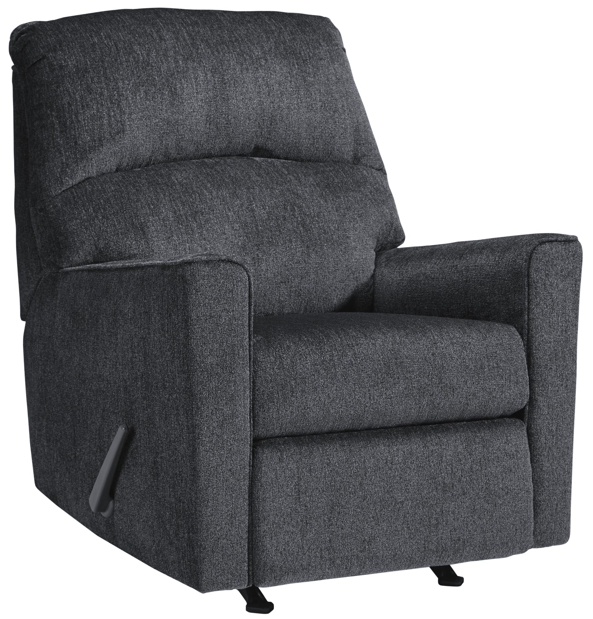 Benzara fabric upholstered rocker recliner with tufted back in charcoal gray.