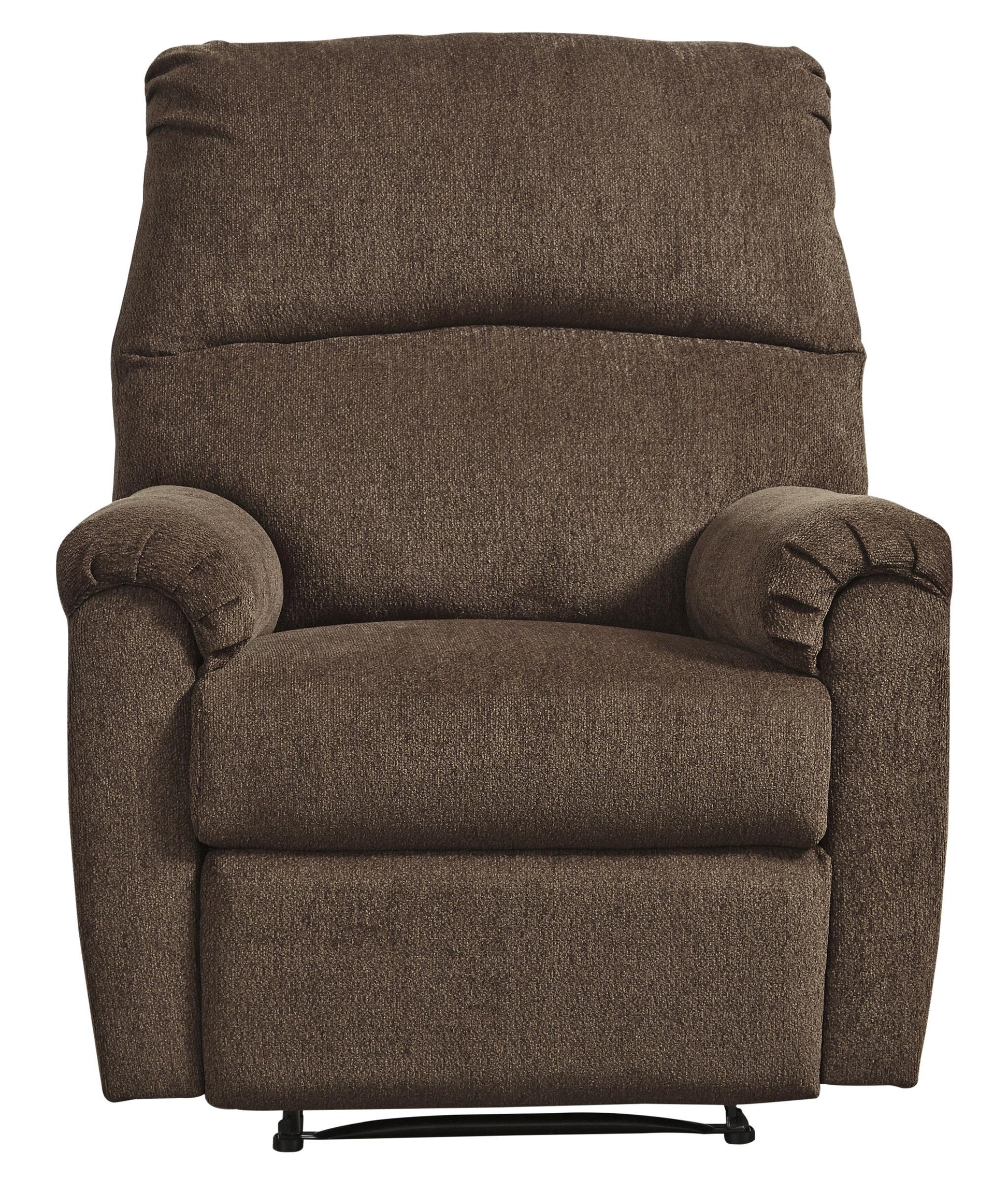 Fabric upholstered zero-wall recliner with pillow-top armrests in brown