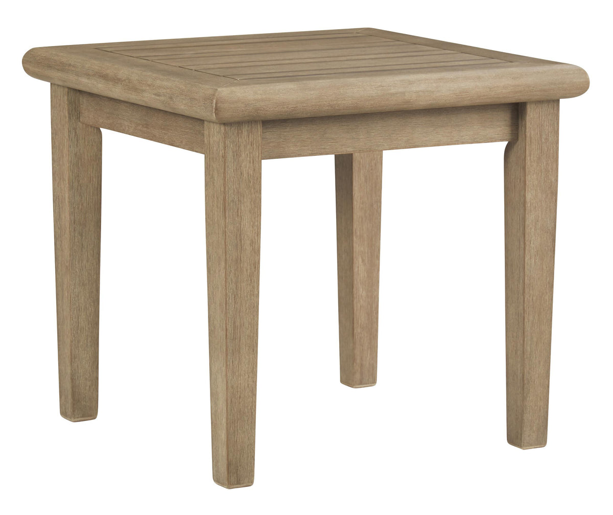 Square wooden frame end table with a plank tabletop, teak brown finish