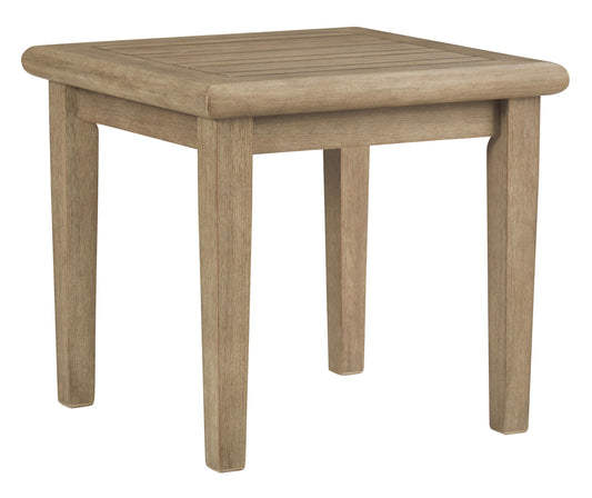 Square wooden frame end table with a plank tabletop, teak brown finish