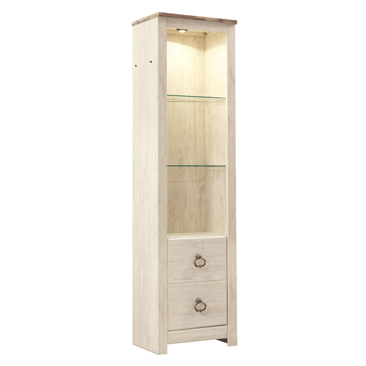 Benzara tall display pier cabinet in antique white with 1 door and 2 adjustable glass shelves