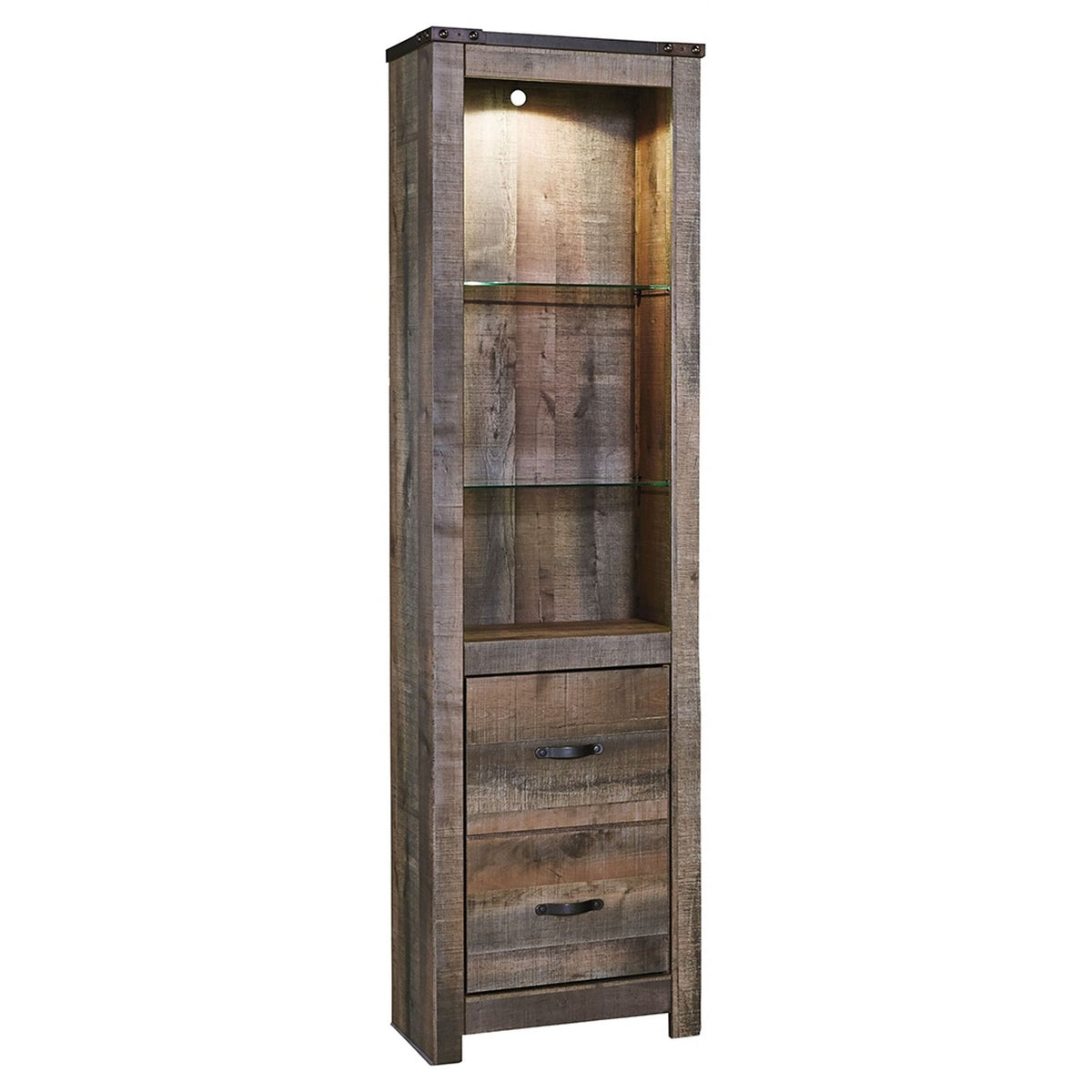 Tall wooden pier cabinet with 1 door and 2 adjustable glass shelves in brown finish