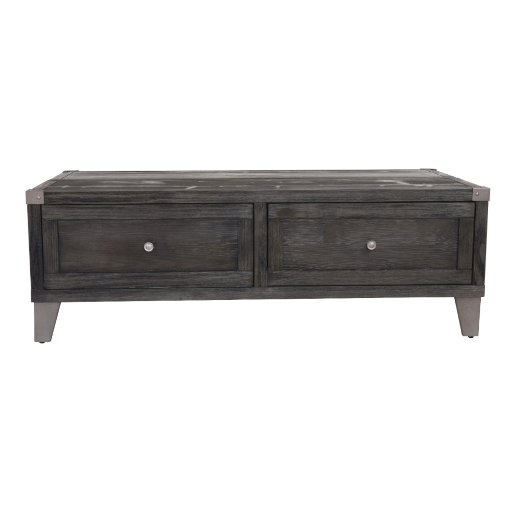 Wooden Lift Top Cocktail Table with 2 Drawers and Metal Accents in Gray