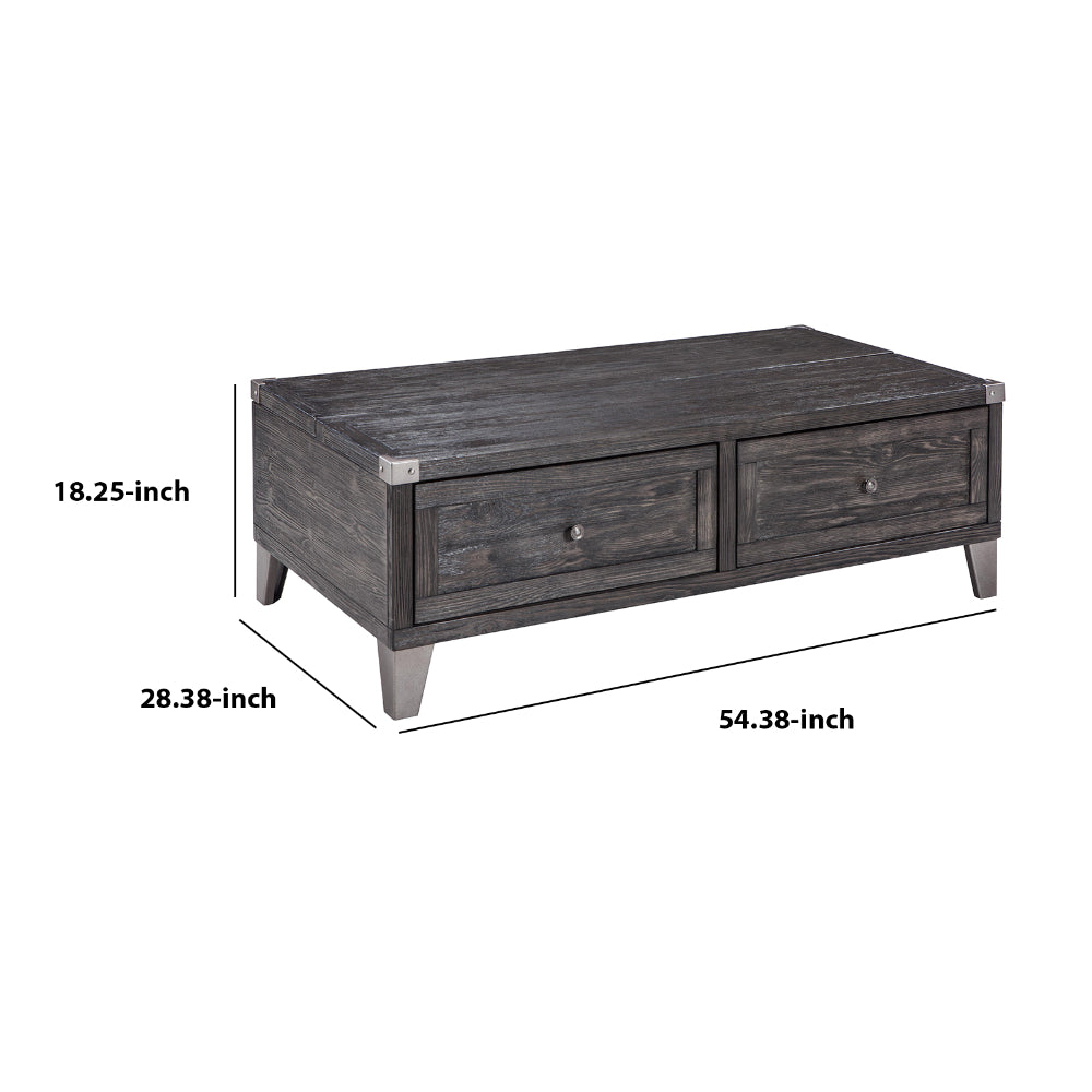 Wooden Lift Top Cocktail Table with 2 Drawers and Metal Accents in Gray