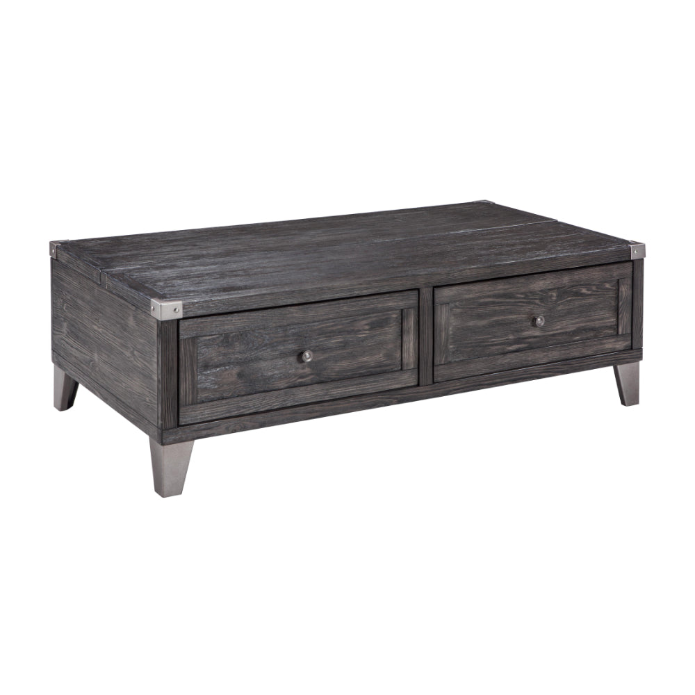 Wooden Lift Top Cocktail Table with 2 Drawers and Metal Accents in Gray
