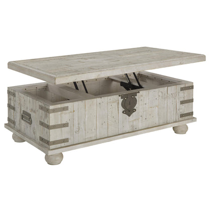 Wooden Lift Top Cocktail Table with Metal Handles and Bun Feet in White