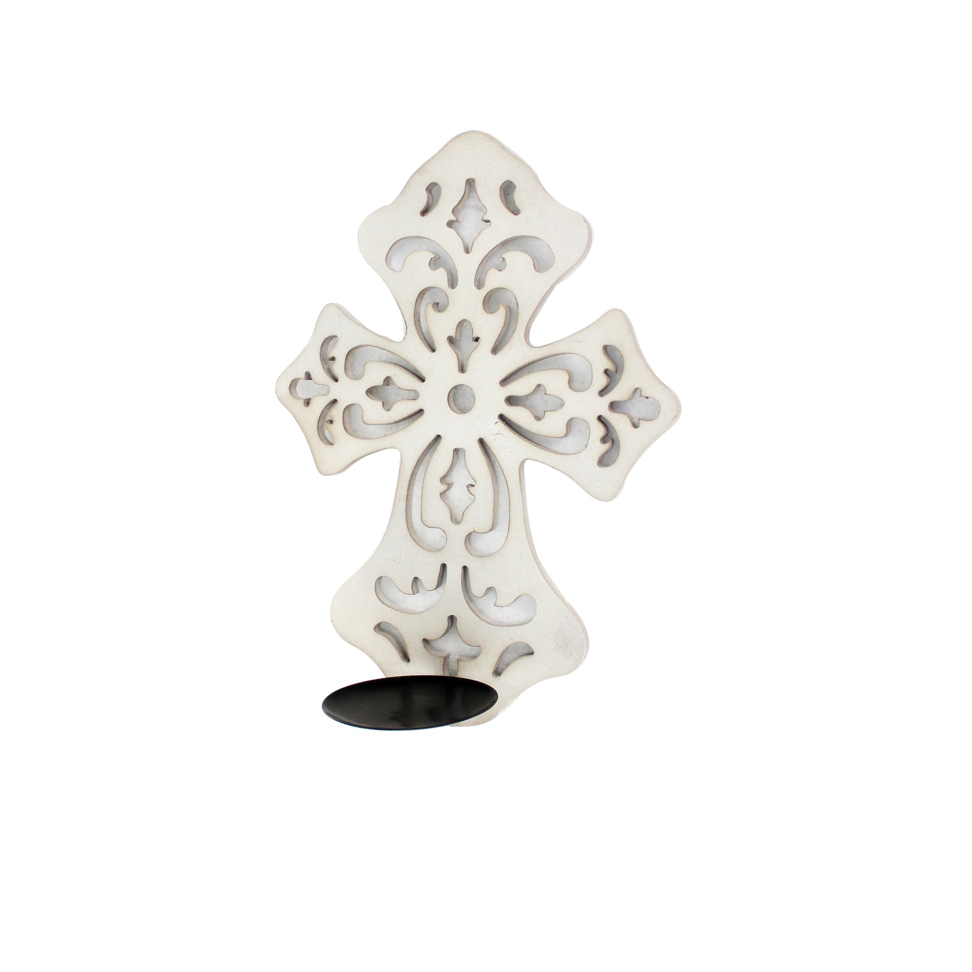 Cross-shaped wooden candle holder set of 2, white with scroll engravings, Benzara