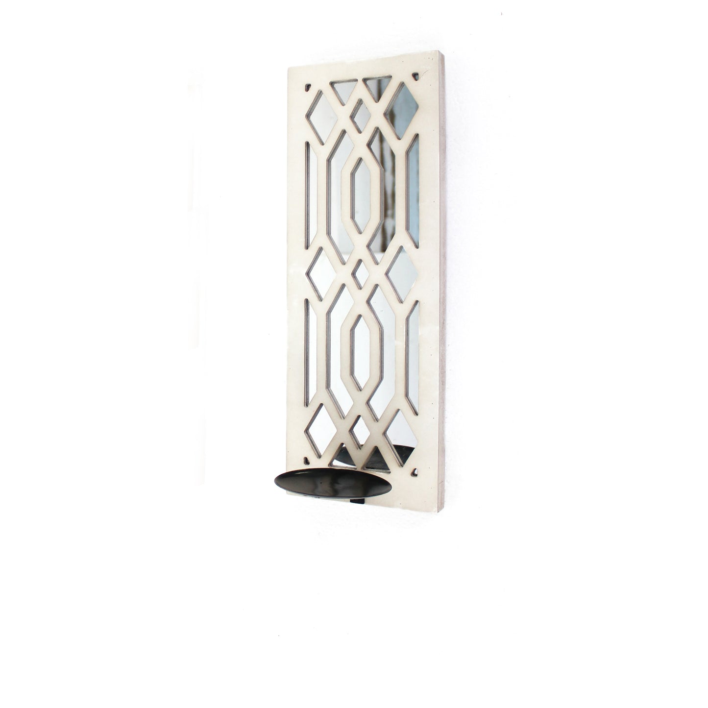17 Inch Mirrored Wall Art Set of 2, Candle Holder Sconce, Lattice Design, White — Chic Home-Decor