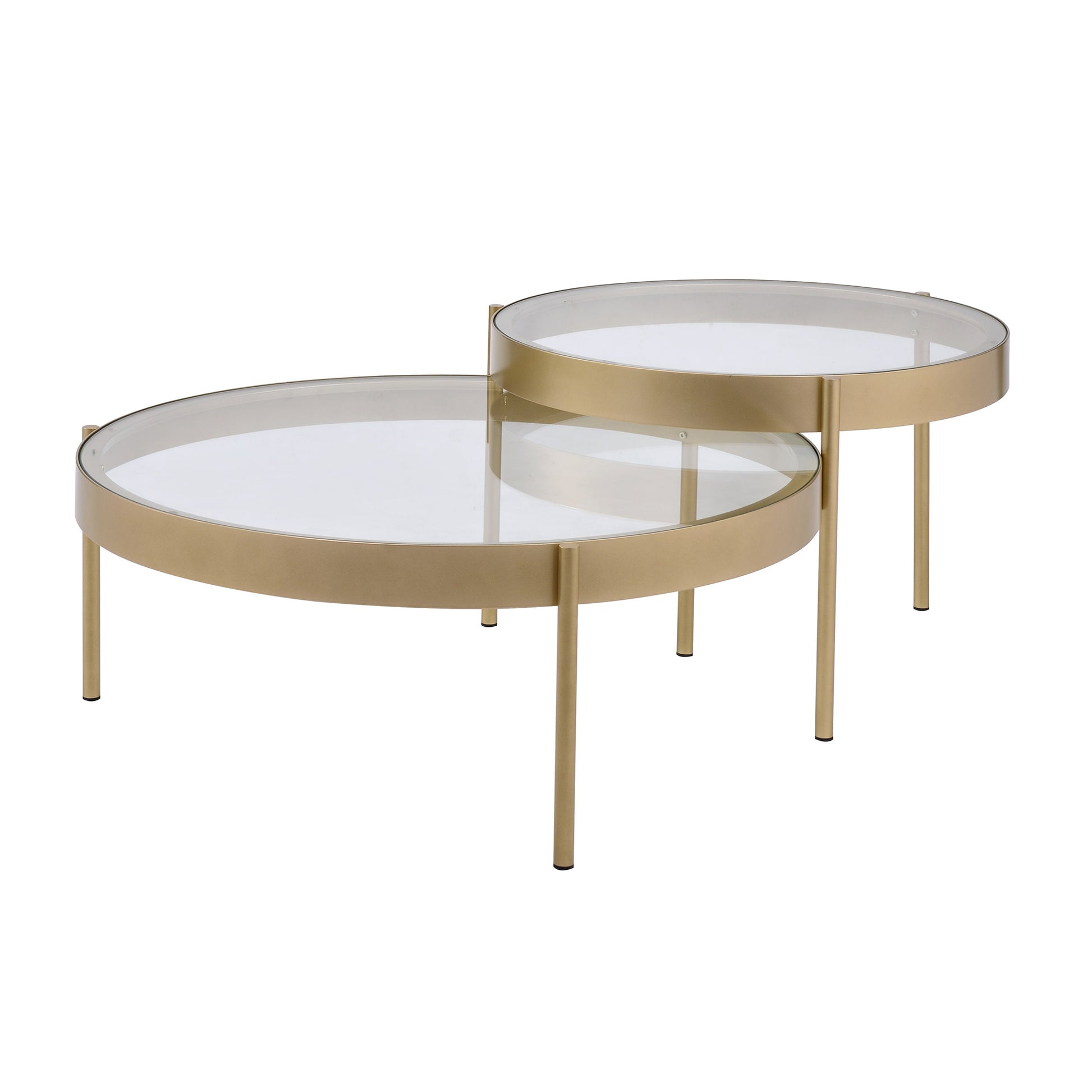 Nesting tables set of 2 with round gold metal frames and clear glass tops by Benzara